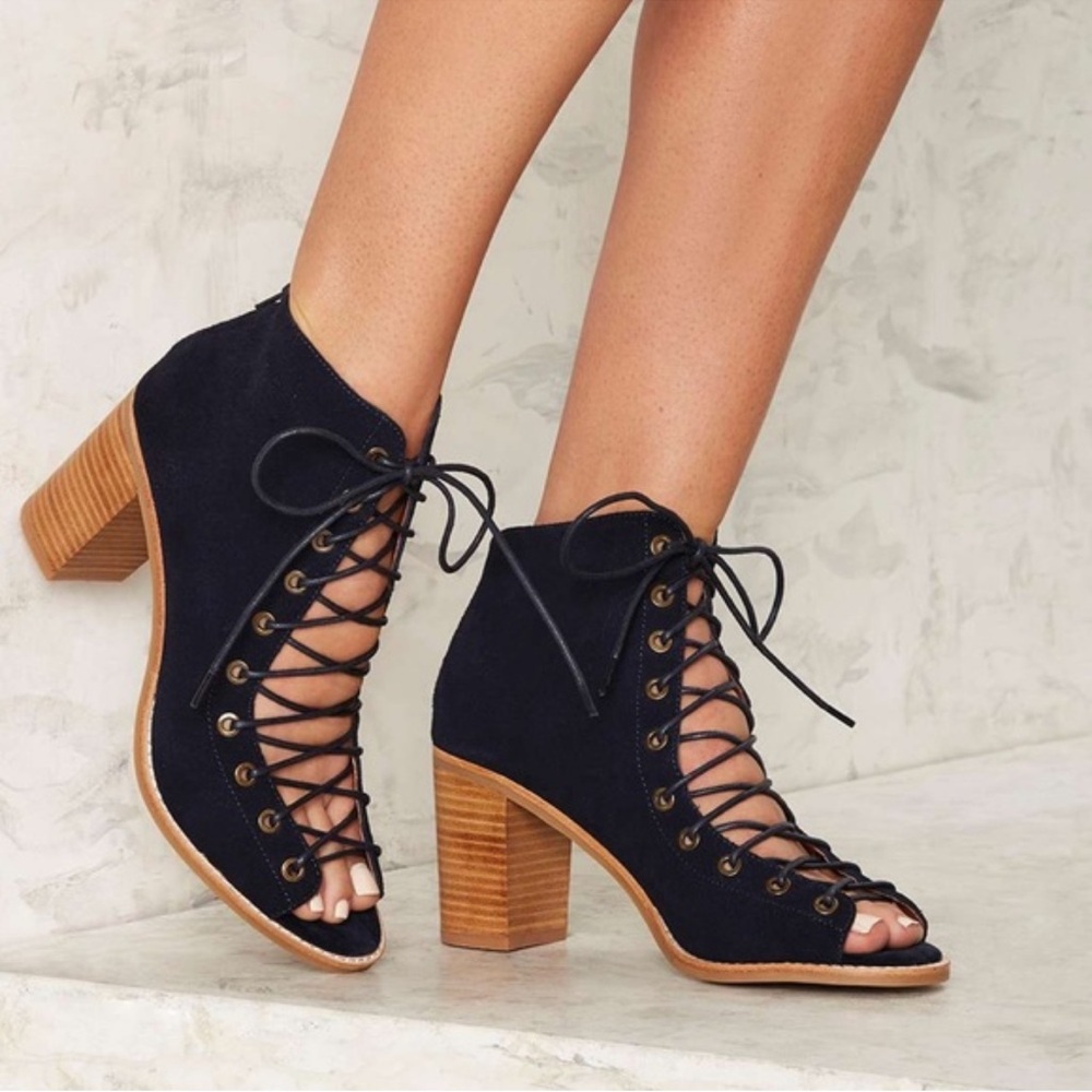 Jeffrey Campbell Cors suede corset lace up‎ peep toe booties block heel